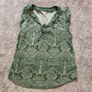 Lucky Brand Green Boho Ruffle Sleeve V-Neck Top S Cotton Modal Ethnic Print